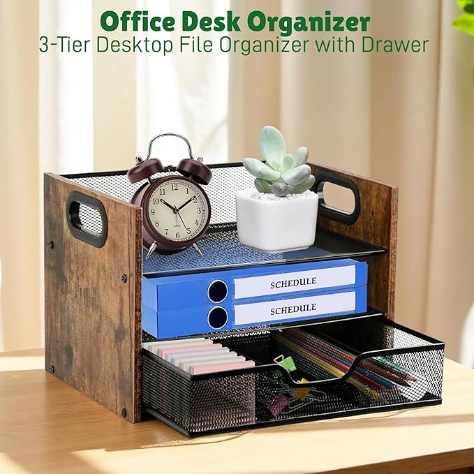 Wood Desk Organizer - 3-Tier Desktop File Organizer with Drawer, Wooden Paper Tray, Office Desk Organzier and Accessories for Papers, Mail, Notebooks, Stationery