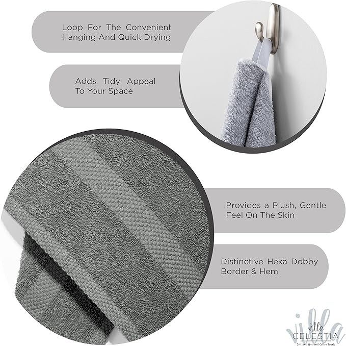 100% Cotton Bath Towel Set of 12-4 Bath Towels, 4 Hand Towels, 4 Wash Cloths, Sustainable, Soft, Highly Absorbent, Combed Cotton 12 Piece Set for Hotels, Spa, Bathroom, Dorm, Grey