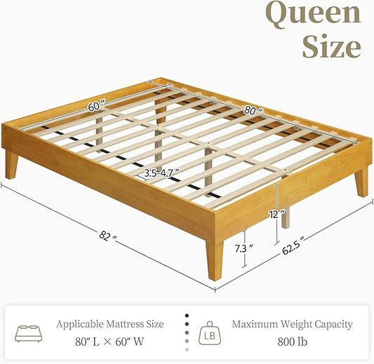 Yaheetech Queen Bed Frame Natural Solid Wood Platform Bed with Wooden Slats Support, 7.3-inch Underbed Space for Storage, Noise-Free Design, Easy Assembly, Natural Wood Finish