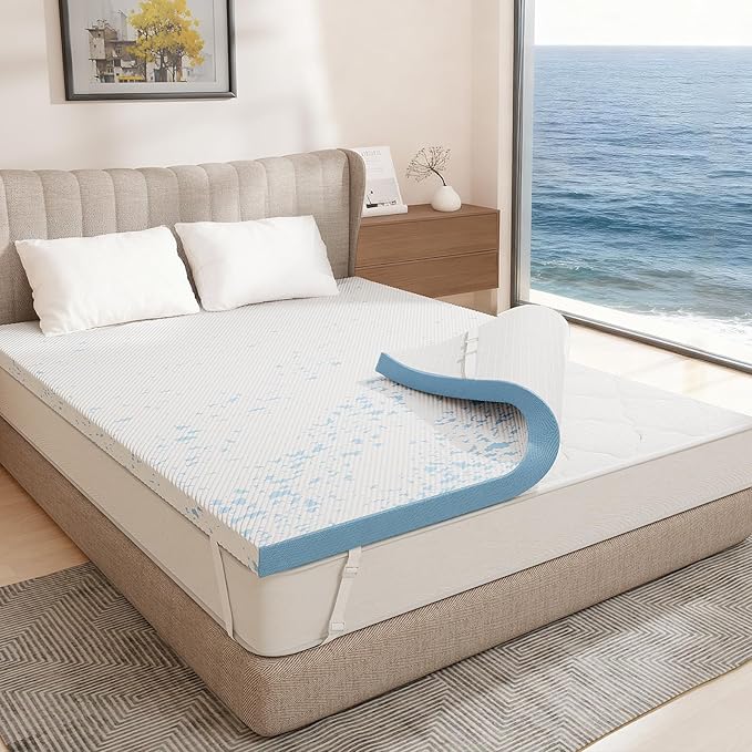 OhGeni Plush Feel Queen Size Cooling Gel Memory Foam Mattress Topper Pad, Washable Bed Cover with Anti-Slip Base &Zipper,Fits 6"-19" Mattresses with Straps,Extra Comfort for Sleep & Back Pain Relief