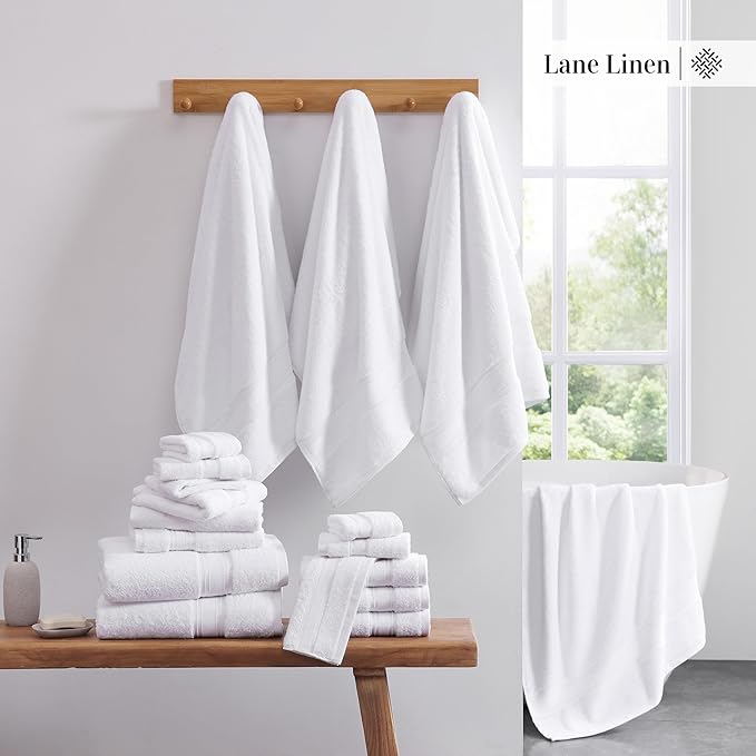 LANE LINEN 100% Mercerized Cotton Bath Towels Set of 12 – Zero Twist, 4 Bath, 4 Hand Towel & 4 Washcloths, Soft, Ideal for Spa Hotel & Home, Durable After Multiple Washes – White Towels