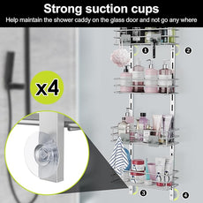 Orimade Over the Door Shower Caddy Adjustable 5 Tier Silver Grey,Bathroom Hanging Organizer Shelf Rustproof with 4 Hooks,Shower Basket with Soap Holder and Suction Cup