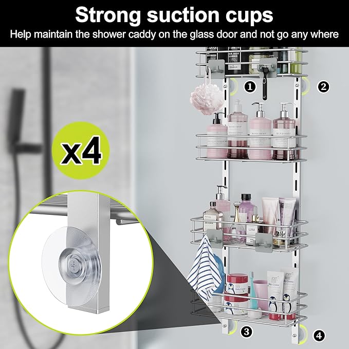 Orimade Over the Door Shower Caddy Adjustable 5 Tier Silver Grey,Bathroom Hanging Organizer Shelf Rustproof with 4 Hooks,Shower Basket with Soap Holder and Suction Cup
