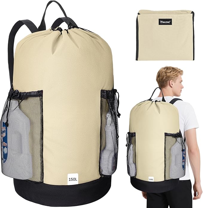 BALEINE 150L Laundry Bag Backpack, 900D Oxford Fabric Large Travel Laundry Bags with Shoulder Straps and 2 Mesh Pockets for College Dorm, Apartment, Laundromat (Beige, 150L)