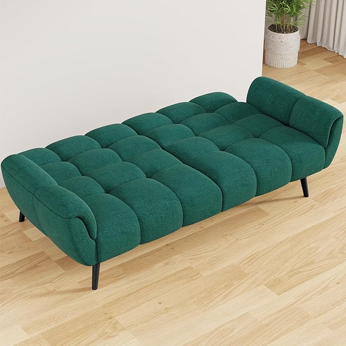 Futon Sofa Bed, Convertible 77" Modern Linen Futon Couch, Comfy Sleeper Sofa with Adjustable Backrests, Couch Bed for Small Spaces, Living Room, Bedroom, Apartment, Forest Green