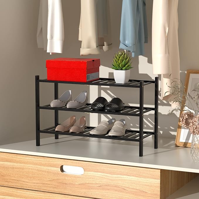 RONGJlA 3 Tier Bamboo Shoe Rack for Closet Free Standing Wood Shoe Shelf Storage Organizer for Entryway Small Space Stackable, Black