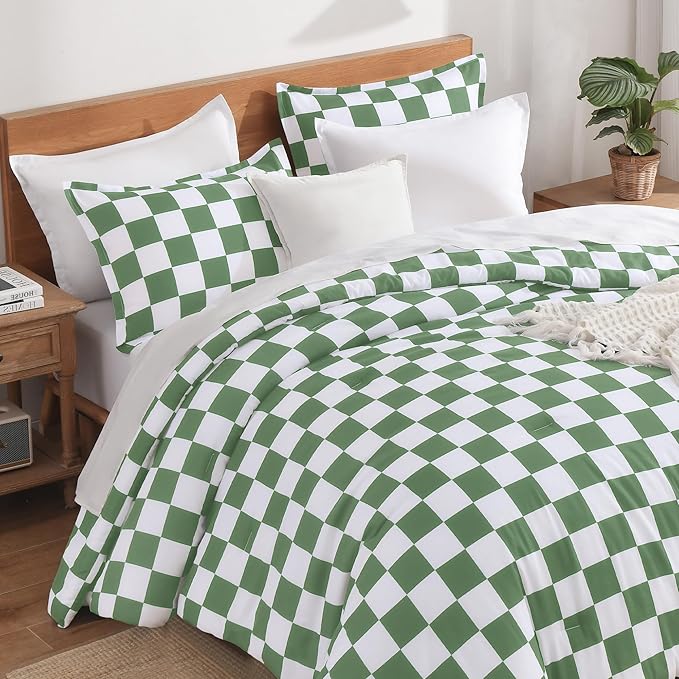 Andency Green Checkered Comforter Full(79x90Inch), Plaid Gingham Buffalo Grid Bedding Comforter Sets for Boys Kids Teens, 3 Pieces Lightweight Microfiber Geometric Preppy Bed Set