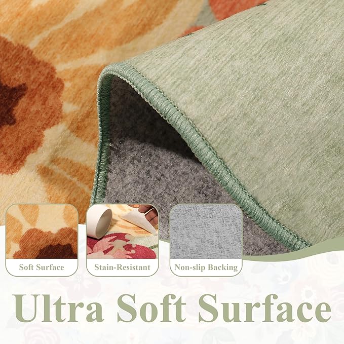 DUKINO 2.6x8 Runner Rug for Hallway, Washable Kitchen Rug with Non Slip Backing & Non-Shediing, Soft Low Pile Floral Design Runner for Bedroom, Kithchen, Living Room, Laundry, Bathroom, Green