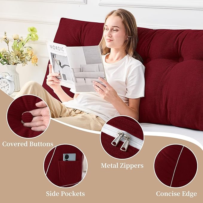 Sasttie Headboard Pillow King, Wedge Pillow Headboard for Sitting Up in Bed, Back-Rest Support Triangular Cushion for Reading - Features Removable Washable Cover, Wine