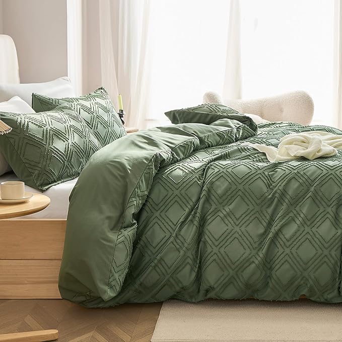 JELLYMONI Duvet Cover King Size Green - 3PCS Boho Duvet Cover Set Plaid Polyester Tufted Bohemian Jacquard Knit Textured Comforter Cover 104×90in Rhombic Geometric Pattern Zipper Corner Tie