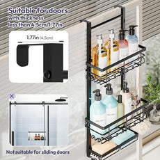 SWTYMIKI Over The Door Shower Caddy - 3 Tier Rustproof Hanging Shower Organizer with Adjustable Shelves, 28 Hooks & Soap Holder, Hanging Shower Rack Storage for Bathroom Accessories, Black