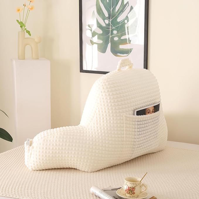 Reading Pillow for Sitting in Bed, Large Backrest Reading Pillow with Arm Rest,Back-Rest Support Cushion for Sit Up on Couch, Sofa, and Floor, Dorm Essentials (Cream Flannel, Large(19"))