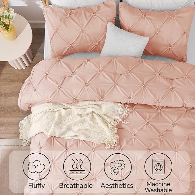 BEDELITE Dusty Pink Twin Comforter Set - 2 Peices Boho Pintuck Bedding Comforter Sets, Lightweight Soft & Warm Twin Bedding Sets with 1 Pillowcase for All Season