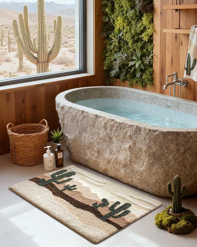 DEXI Bathroom Rug Washable, 32x20 Non Slip Bath Large Mat Absorbent, Soft Plush Microfiber Bathmat Quick Dry for Shower Floor, Desert