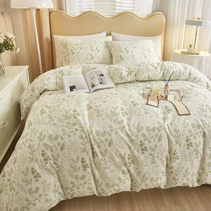 HighBuy 3 Pieces Duvet Cover Full Size White Duvet Cover with Green Floral Print,Coquette Soft Cotton Comforter Cover Boho Style,Aesthetic Full Bedding Set with Zipper Closure 4 Ties,All Season
