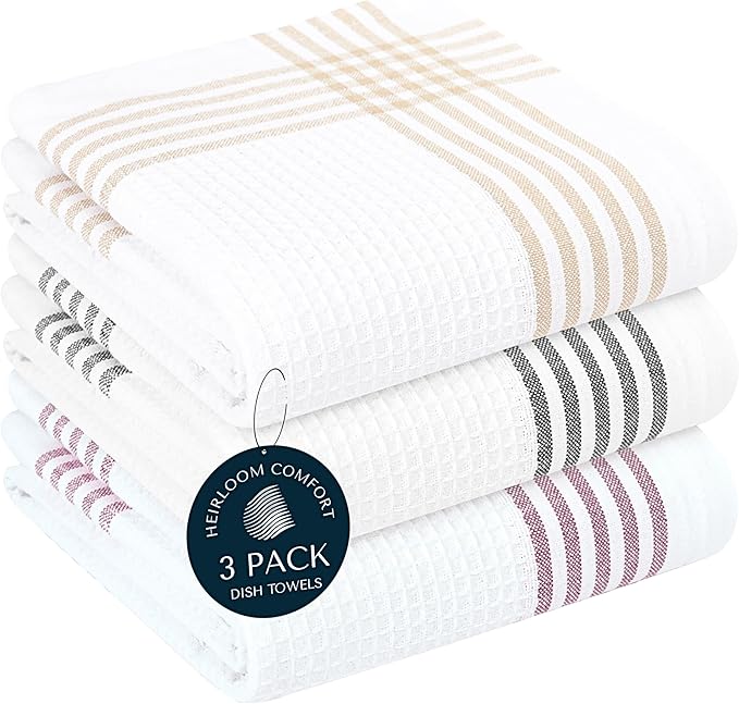 Multi Color Kitchen Towels 3 Pack, 16x26 Inch, 100% Cotton Waffle Weave, Super Absorbent, Quick Dry, Reusable Dish Towels for Cleaning, Drying, Cooking, Beige, Black, Burgundy Wine