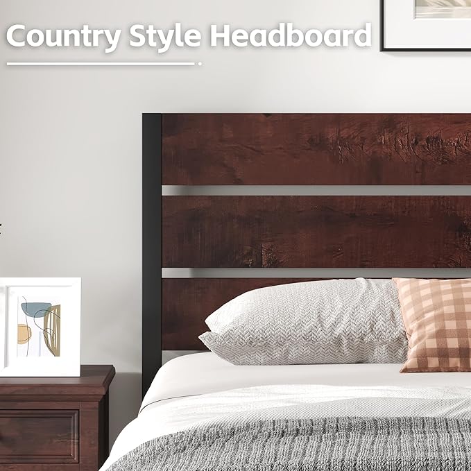 Queen Bed Frame with Headboard and Footboard, with Under Bed Storage, All-Metal Support System, No Box Spring Needed, Easy Assembly, Red Brown