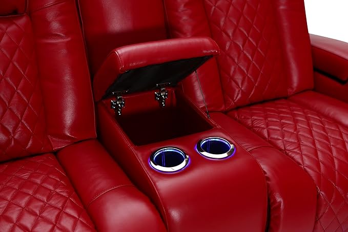Seatcraft Anthem Home Theater Seating - Italian Leather - Power Recline Loveseat - Center Storage Console - Powered Headrests - Arm Storage - USB Charging - Cup Holders, Red