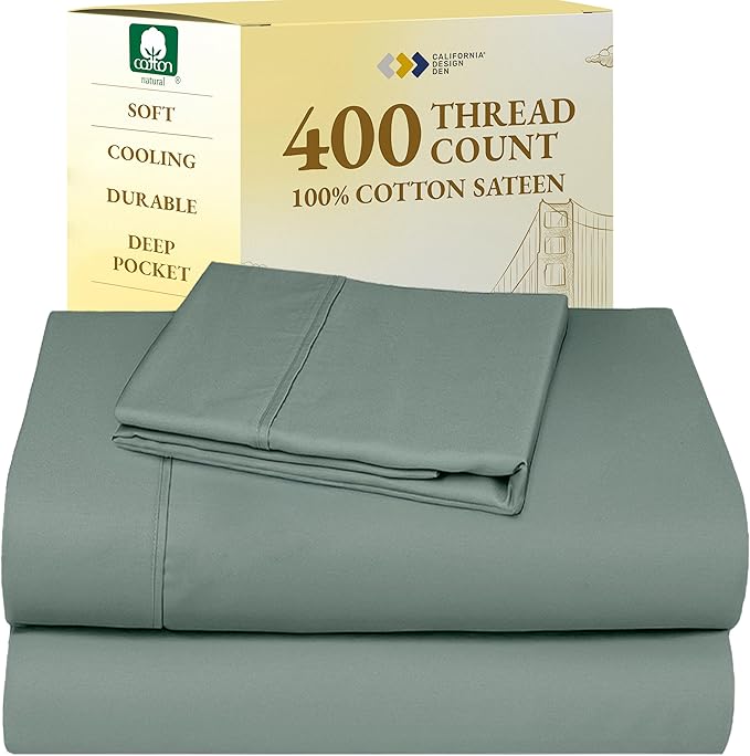 California Design Den Twin Sheets Set - Soft 400 Thread Count Sateen, Natural 100% Cotton Sheets with Deep Pockets, and Durable Bedding Set - Sage Green CaliforniaDesignDen