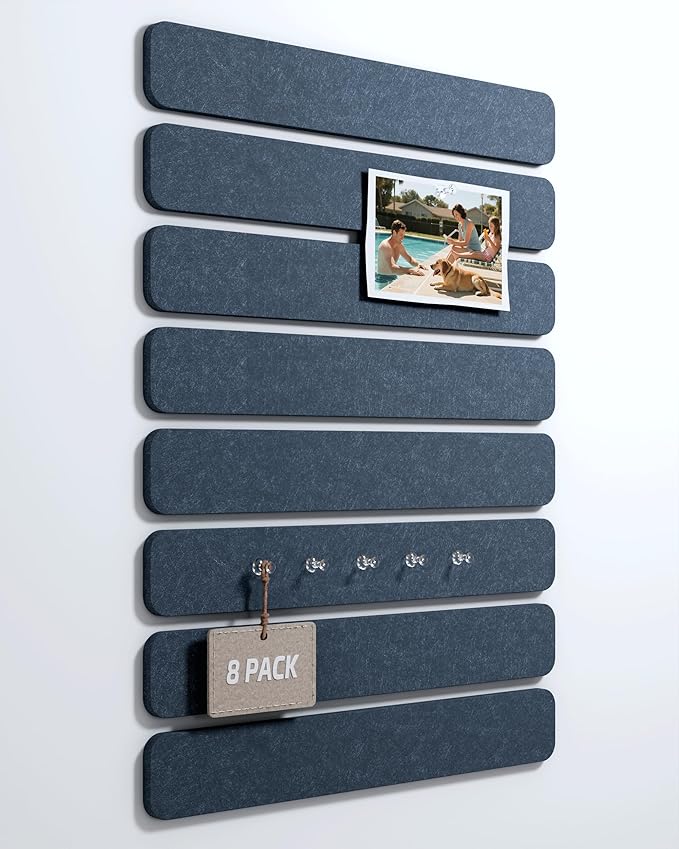 Cork Board Alternative Felt Strip Board 8-Pack 13"x2", Office Pin Board with 50 Push Pins, Adhesive Install for Bedroom Door & Home Office(Denim Blue)