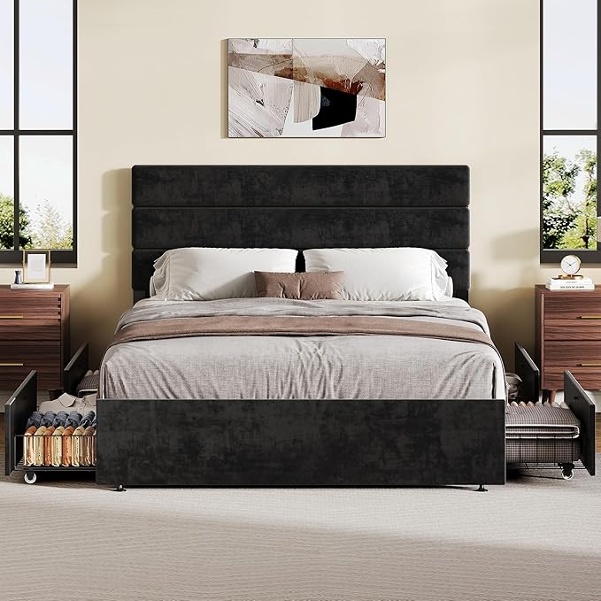WLIVE Full Size Upholstered Bed Frame with 4 Storage Drawers and Headboard, Velvet Platform Bedframe, Sturdy Metal & Wooden Slats Support, No Box Spring Needed, Easy Assembly, Black