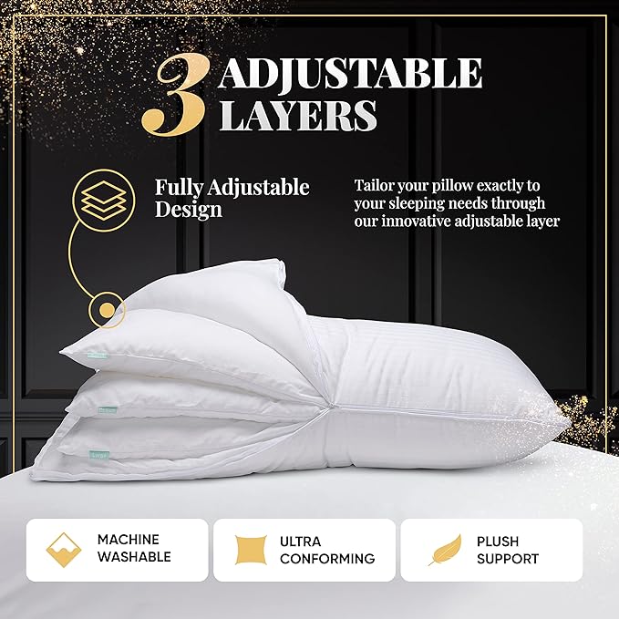 EverSnug Adjustable Layer Luxury Set of 2 Pillows for Side, Front & Back Sleepers, Cooling Hotel Pillows with 3 Layers, Goose Feather Pillow for Sleeping, Neck & Back Support (Queen)