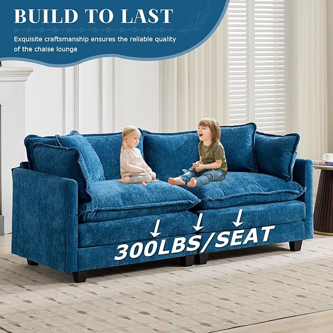 SoarFlash 113.78" Chenille Sectional Sofa, Comfy Modular Loveseat Sofa, Modern 3-Seat Couch Deep Seat Sofa Set for Living Room,Blue