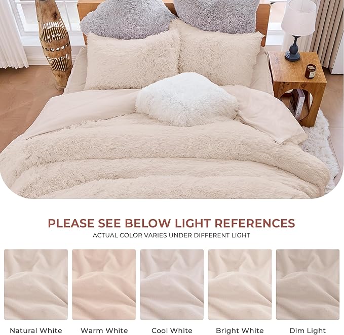 Sasttie 3-Piece Fluffy Duvet Cover Queen, Ultra Soft Faux Fur and Velvet Beige Comforter Cover, Luxury Fuzzy Bedding Sets for Winter Bed, Includes 1 Duvet Cover and 2 Pillowcases, No Comforter