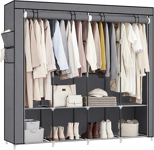 SONGMICS Portable Closet, Wardrobe Closet Organizer with Cover, 4 Hanging Rods and Shelves, 4 Side Pockets, 66.9 x 17.7 x 65.7 Inches, Large Capacity for Bedroom, Living Room, Gray URYG094G02