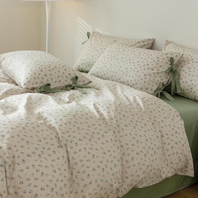 HighBuy Soft Cotton Duvet Cover Full Girl Floral Coquette Bedding Boho Duvet Cover Full with 2 Bowknot Bow Tie Pillowcases,Fresh Garden Floral Comforter Cover Coquette 3 Piece Bedding Set