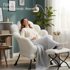 Tiita 2025 Lazy Chair with Ottoman, Modern Floral Upholstered Lounge Armchair, Mid-Century Comfy Reading Chair with Footrest Oversized Armchair for Bedroom, Living Room, Dorm Room, Beige
