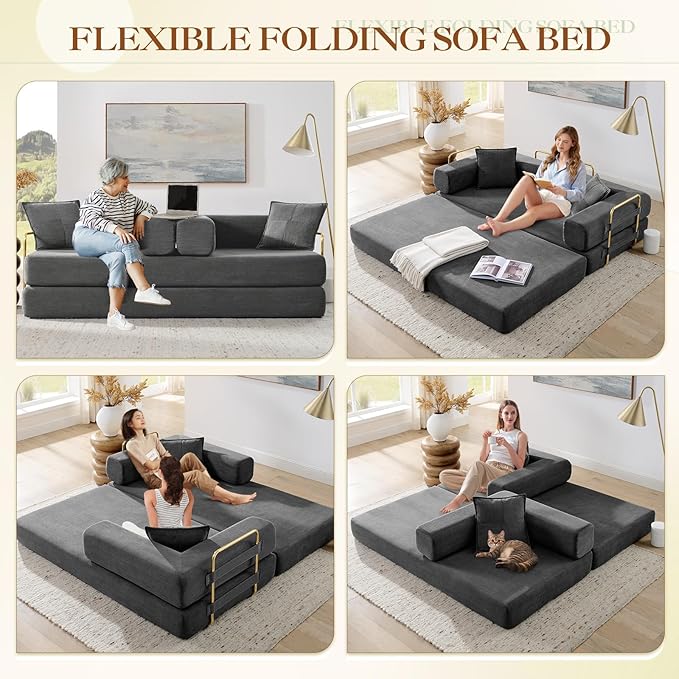 Antetek Convertible Futon Sofa Bed, 3-Seater Modern Corduroy Foam Floor King Size Bed Fold Out Sleeper Lounge Loveseat Sofa Couch with 2 Throw Pillows for Living Room Bedroom Guest Room, Dark Grey
