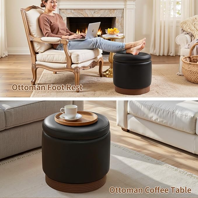 Round Storage Ottoman,Swivel Vanity Stool-Smooth Faux Leather Foot Rest,Footstool Pouf with Sturdy Acacia Wood Frame(500lbs),Small Coffee Table & Hidden Storage Ottoman for Living Room