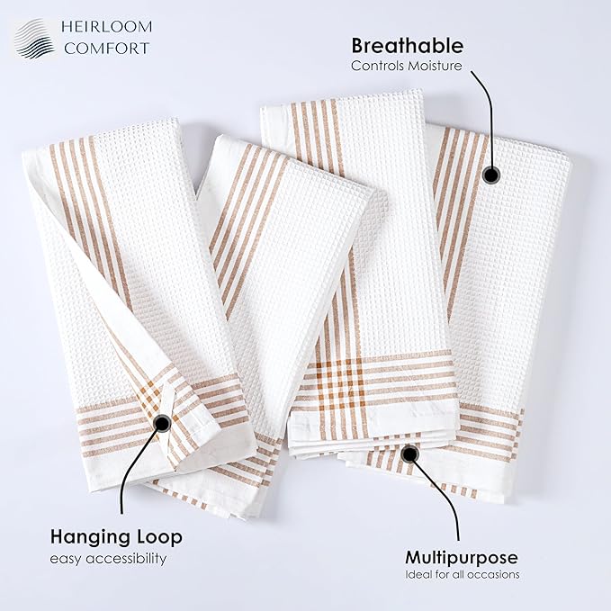 Brown and White Cotton Kitchen Towels 3 Pack, Waffle Weave, 16x26 Inch, Super Absorbent, Reversible, Quick Dry Dishcloths for Drying Dishes, Cleaning, Reusable, Everyday Use