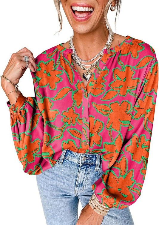 Astylish Womens 2026 Boho Floral Loose Spring Summer Tops Lantern Sleeve Flowy Blouses V Neck Button Down Shirts