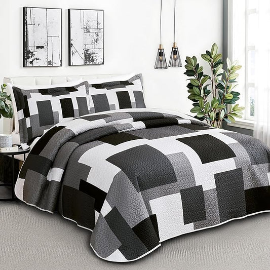 3 Piece Black Grey Quilt Set Full/Queen Size Black White Geometric Reversible Bedding Set Microfiber Lightweight Bedspread Coverlet with 2 Shams Modern Bed Covers for All Season, 90''x96''