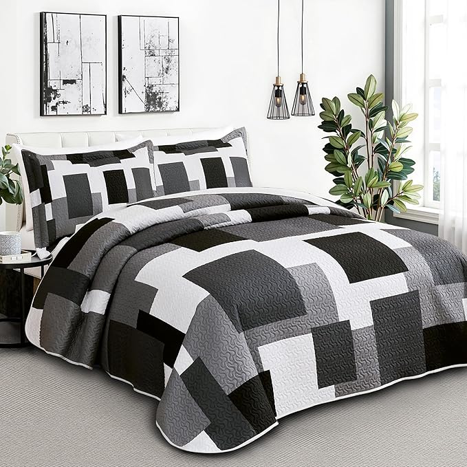 3 Piece Black Grey Quilt Set California King Size Black White Geometric Reversible Bedding Set Microfiber Lightweight Bedspread Coverlet with 2 Sham Modern Bed Covers for All Season, 118''x106''