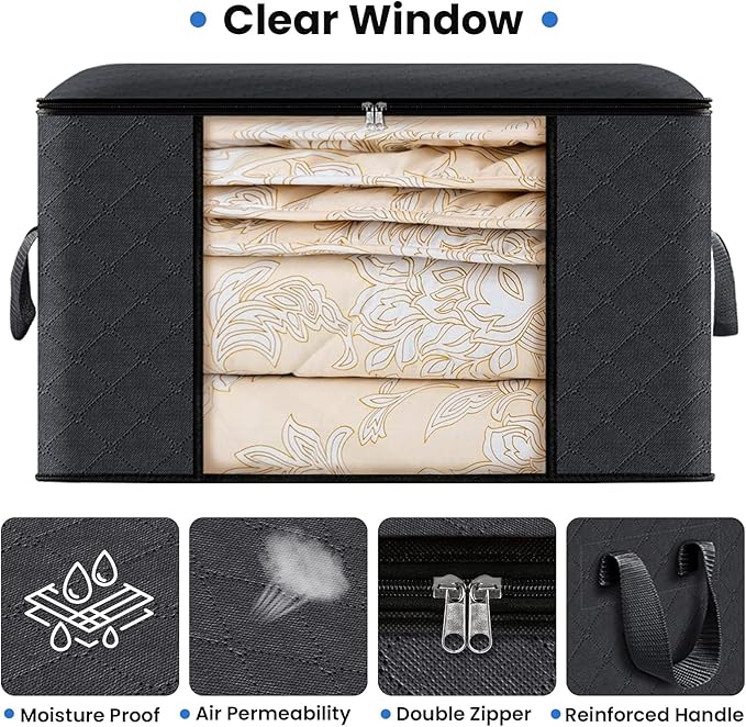 Fab totes Storage Bags,Clothes Blanket Storage Bins Foldable Closet Organizers with Reinforced Handle for Home Dorm Storage and Organization,Fabric Bags for Organizing Sheets,Clothing (Black,4 Pack)