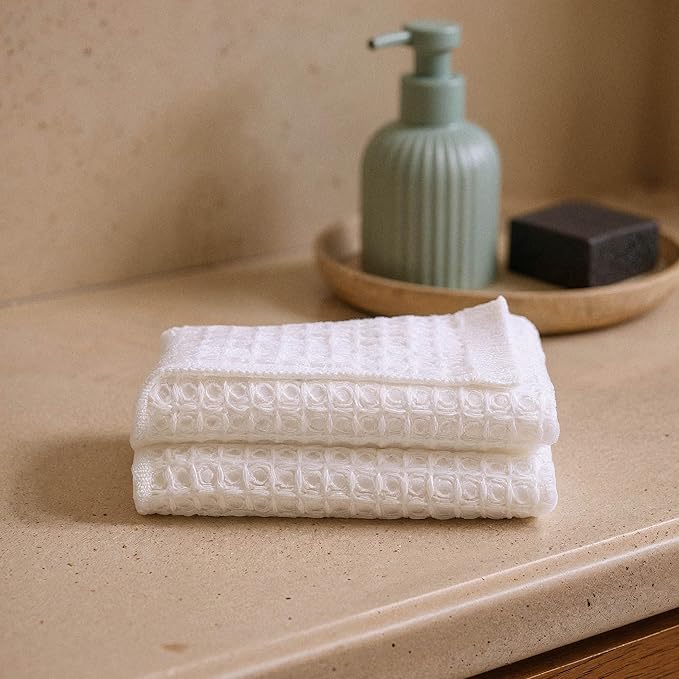 Italic Sedona Waffle Washcloths, 410 GSM 100% Cotton, Set of 2, Soft Textured Face Towels, Quick-Drying & Gentle, White