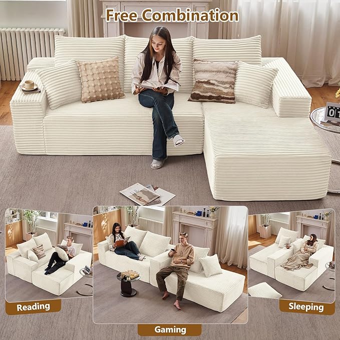 107" Cloud Sectional Couch with L-Shape Chaise, Modern Modular Comfy Sofa Chaise Longue, Upholstered Corduroy Couches Sleeper with Deep Seat for Living Room Bedroom, No Assembly Required, White