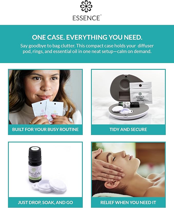 Essence Pearl Travel Case - Wearable Aromatherapy Kit with Nasal Diffuser Rings, Soaking Bay, and 5mL Essential Oil – Portable Wellness Gift Set for On?The?Go Self Care