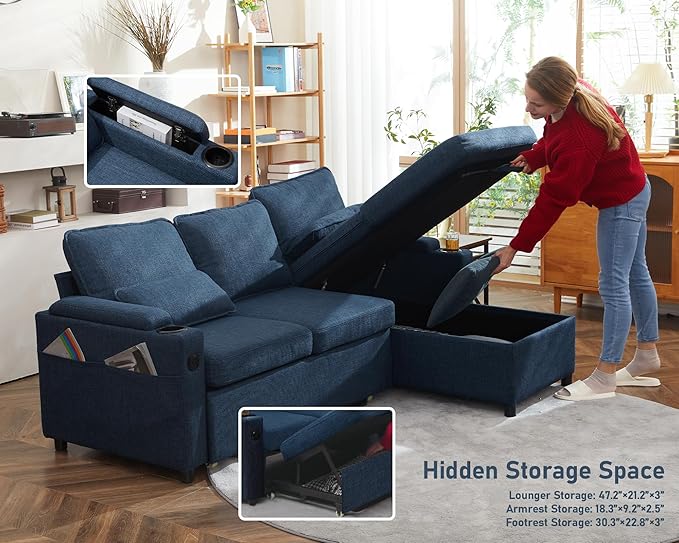 DURASPACE Sofa Bed Sleeper Pull Out 2 in 1 Sectional Sleeper Sofa Couches with Storage,USB, Cup Holder,Pullout Sectional Couches for Apartment Living Room (Blue)