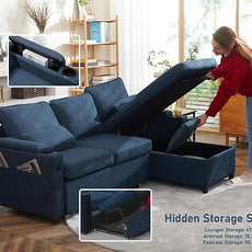 DURASPACE Sofa Bed Sleeper Pull Out 2 in 1 Sectional Sleeper Sofa Couches with Storage,USB, Cup Holder,Pullout Sectional Couches for Apartment Living Room (Blue)
