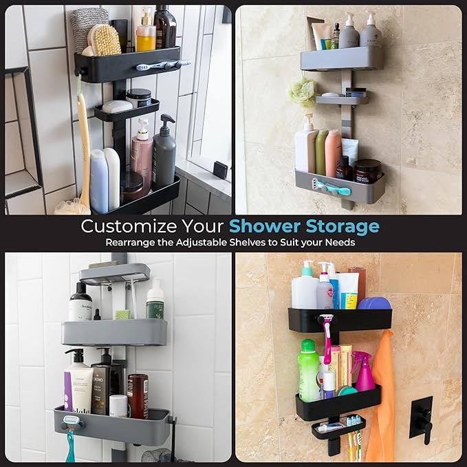 Rust Resistant Hygienic Shower Caddy – Hanging Bathroom Organizer with Adjustable Shelves, Easy Clean Trays & Magnetic Hooks for DIY Remodels & Shower Niches - Black