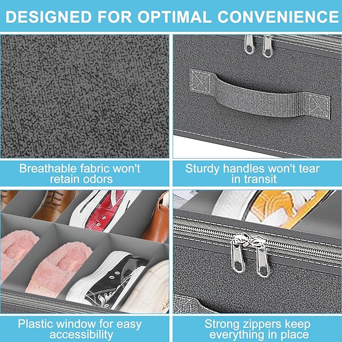 2 Pack Under Bed Shoe Storage Organizer for Closet, Fits Total 32 Pairs Foldable Underbed Shoes Containers Boxes Under the Bed Storage with Sturdy Handles&Clear Window for College Dorms, Light Grey