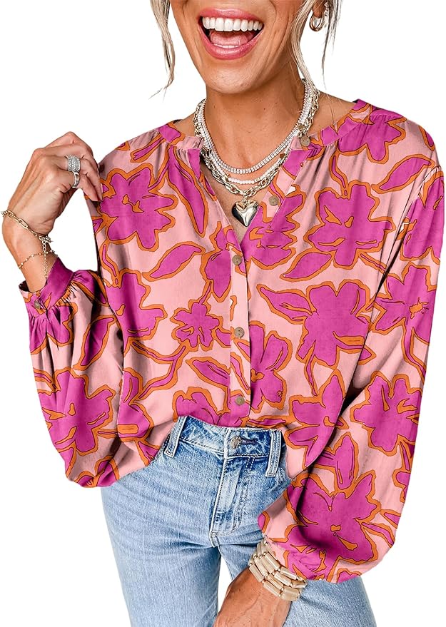 Astylish Womens 2026 Boho Floral Loose Spring Summer Tops Lantern Sleeve Flowy Blouses V Neck Button Down Shirts