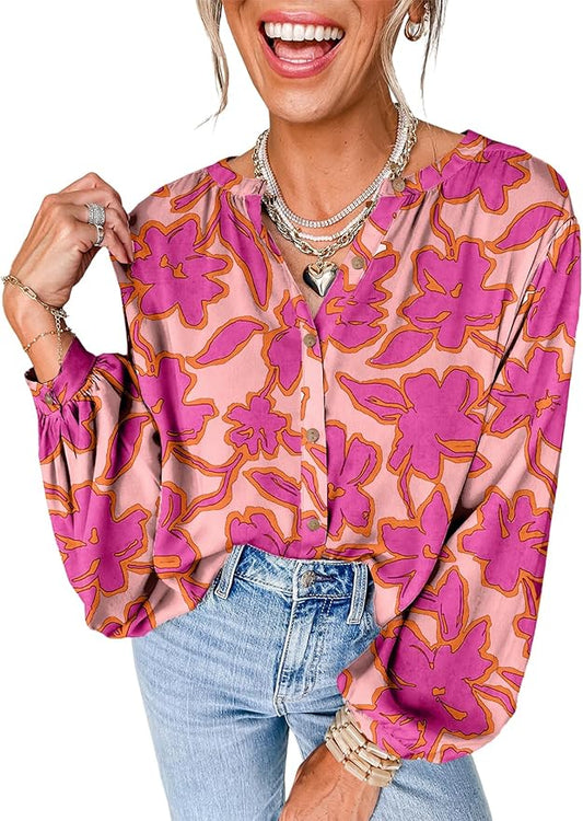 Astylish Womens 2026 Boho Floral Loose Spring Summer Tops Lantern Sleeve Flowy Blouses V Neck Button Down Shirts