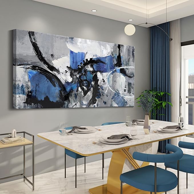 Large Abstract Wall Art - Canvas Wall Art in Blue and Black Tones, Framed Gray Artwork for Living Room, Bedroom, and Office Decorations for Work - Modern Wall Decor and Pictures