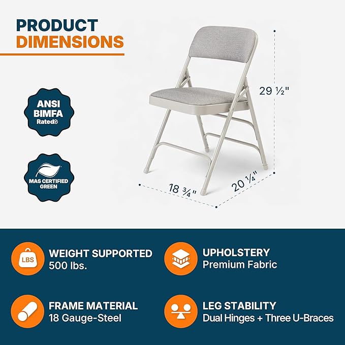 OEF Furnishings OEF2300 Series Heavy-Duty Premium Fabric Padded Upholstery Double-Hinged Triple-Braced Folding Chairs (4-Pack, Slate Gray)