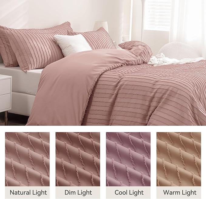 JELLYMONI Duvet Cover Full Size Smokey Pink - 3PCS Boho Striped Duvet Cover Set Polyester Tufted Bohemian Textured Comforter Cover 80×90in with Corner Ties & Zipper and 2 Pillowcases
